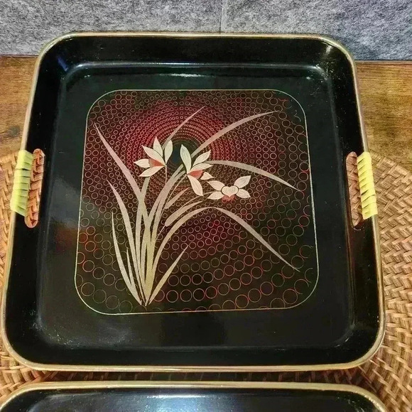 Lacquerware Serving Trays w/Handles Toyo Japan Black Vintage Serveware - Picture 2 of 8